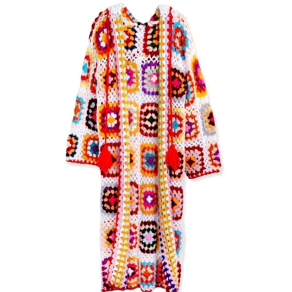 Floral Granny Square Crochet Hooded Cardigan - Boho Festival Maxi Duster NWT - Picture 5 of 5